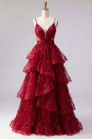 Load image into Gallery viewer, Sparkly Spaghetti Straps A Line Burgundy Long Beaded Prom Dress with Ruffles