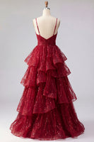 Load image into Gallery viewer, Sparkly Spaghetti Straps A Line Burgundy Long Beaded Prom Dress with Ruffles