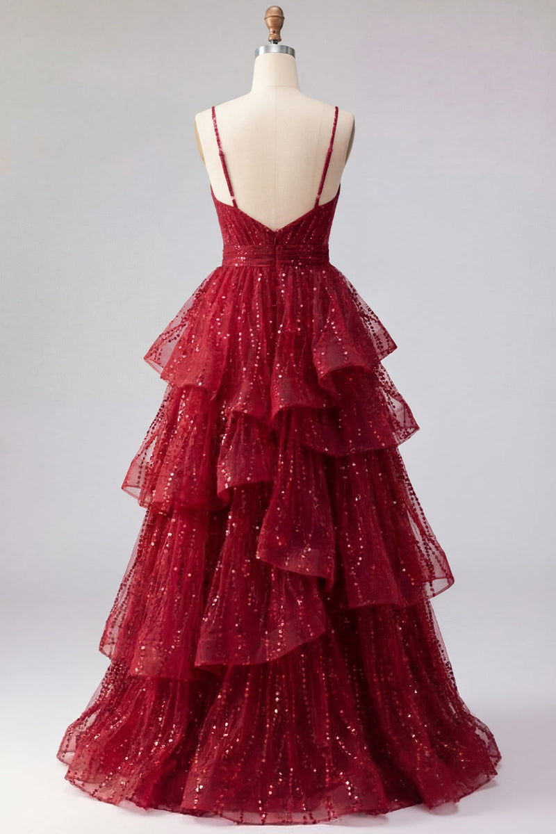 Load image into Gallery viewer, Sparkly Spaghetti Straps A Line Burgundy Long Beaded Prom Dress with Ruffles