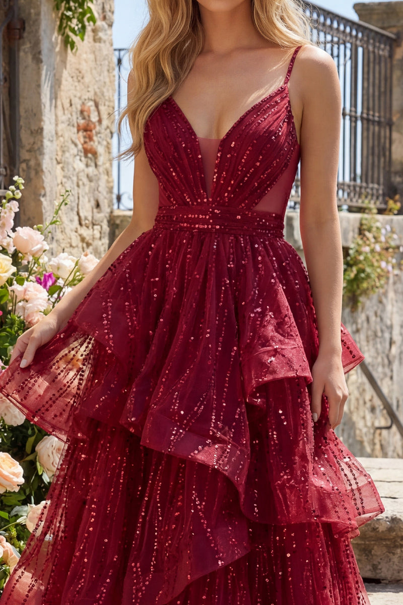 Load image into Gallery viewer, Sparkly Spaghetti Straps A Line Burgundy Long Beaded Prom Dress with Ruffles