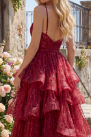 Load image into Gallery viewer, Sparkly Spaghetti Straps A Line Burgundy Long Beaded Prom Dress with Ruffles