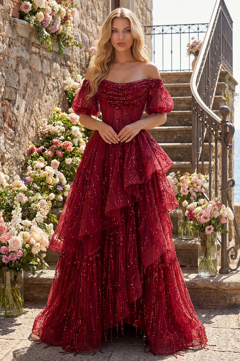Load image into Gallery viewer, Sparkly Puff Sleeves Corset A Line Burgundy Long Beaded Prom Dress with Ruffles