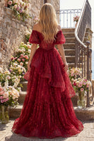 Load image into Gallery viewer, Sparkly Puff Sleeves Corset A Line Burgundy Long Beaded Prom Dress with Ruffles