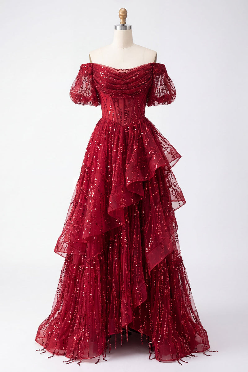 Load image into Gallery viewer, Sparkly Puff Sleeves Corset A Line Burgundy Long Beaded Prom Dress with Ruffles
