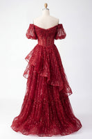 Load image into Gallery viewer, Sparkly Puff Sleeves Corset A Line Burgundy Long Beaded Prom Dress with Ruffles