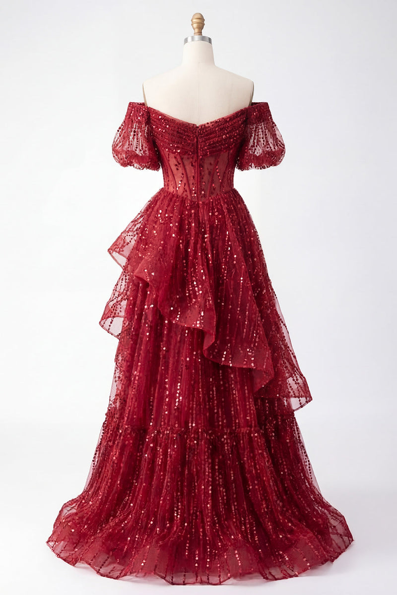 Load image into Gallery viewer, Sparkly Puff Sleeves Corset A Line Burgundy Long Beaded Prom Dress with Ruffles