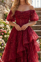 Load image into Gallery viewer, Sparkly Puff Sleeves Corset A Line Burgundy Long Beaded Prom Dress with Ruffles