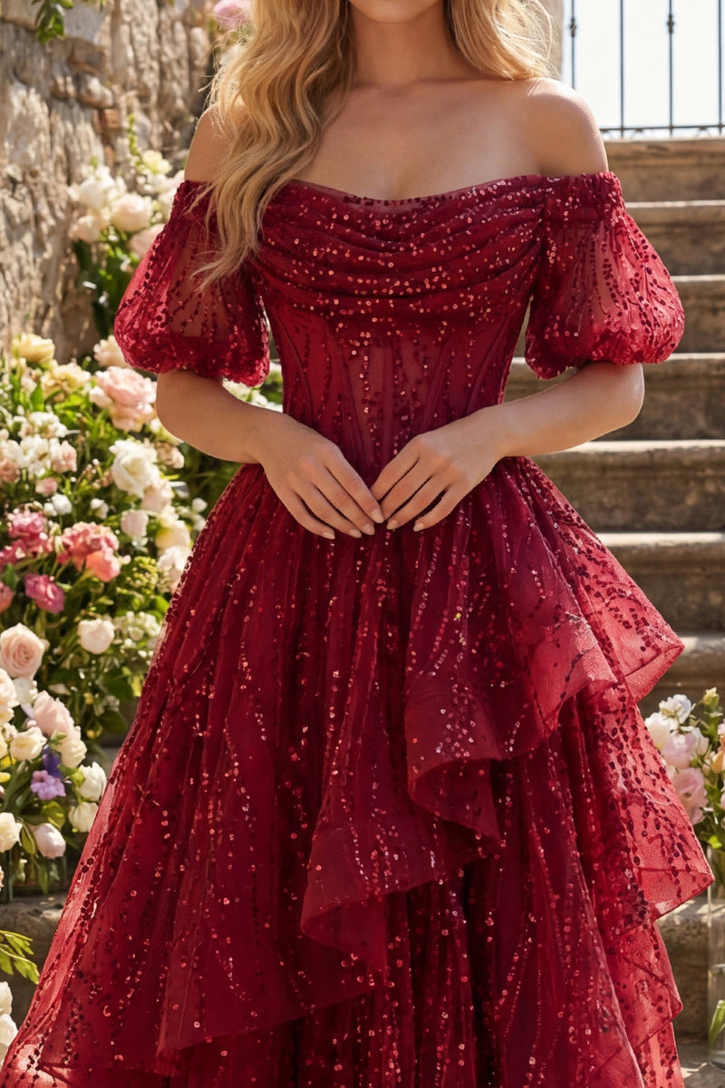Load image into Gallery viewer, Sparkly Puff Sleeves Corset A Line Burgundy Long Beaded Prom Dress with Ruffles