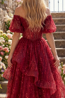 Load image into Gallery viewer, Sparkly Puff Sleeves Corset A Line Burgundy Long Beaded Prom Dress with Ruffles