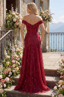 Load image into Gallery viewer, Off the Shoulder A Line Burgundy Sparkly Long Beaded Prom Dress with Fringes
