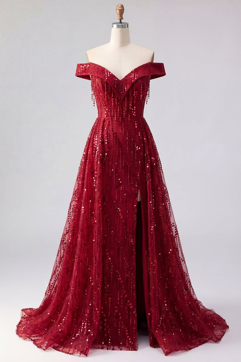 Load image into Gallery viewer, Off the Shoulder A Line Burgundy Sparkly Long Beaded Prom Dress with Fringes