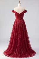 Load image into Gallery viewer, Off the Shoulder A Line Burgundy Sparkly Long Beaded Prom Dress with Fringes