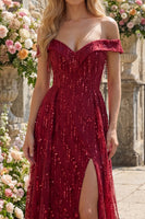 Load image into Gallery viewer, Off the Shoulder A Line Burgundy Sparkly Long Beaded Prom Dress with Fringes