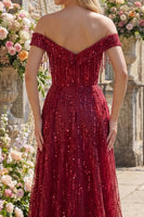 Load image into Gallery viewer, Off the Shoulder A Line Burgundy Sparkly Long Beaded Prom Dress with Fringes