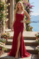 Load image into Gallery viewer, Mermaid Burgundy Sparkly Long Beaded Prom Dress with Slit