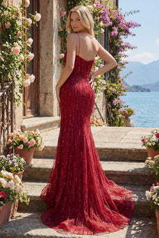 Mermaid Burgundy Sparkly Long Beaded Prom Dress with Slit
