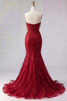Load image into Gallery viewer, Mermaid Burgundy Sparkly Long Beaded Prom Dress with Slit