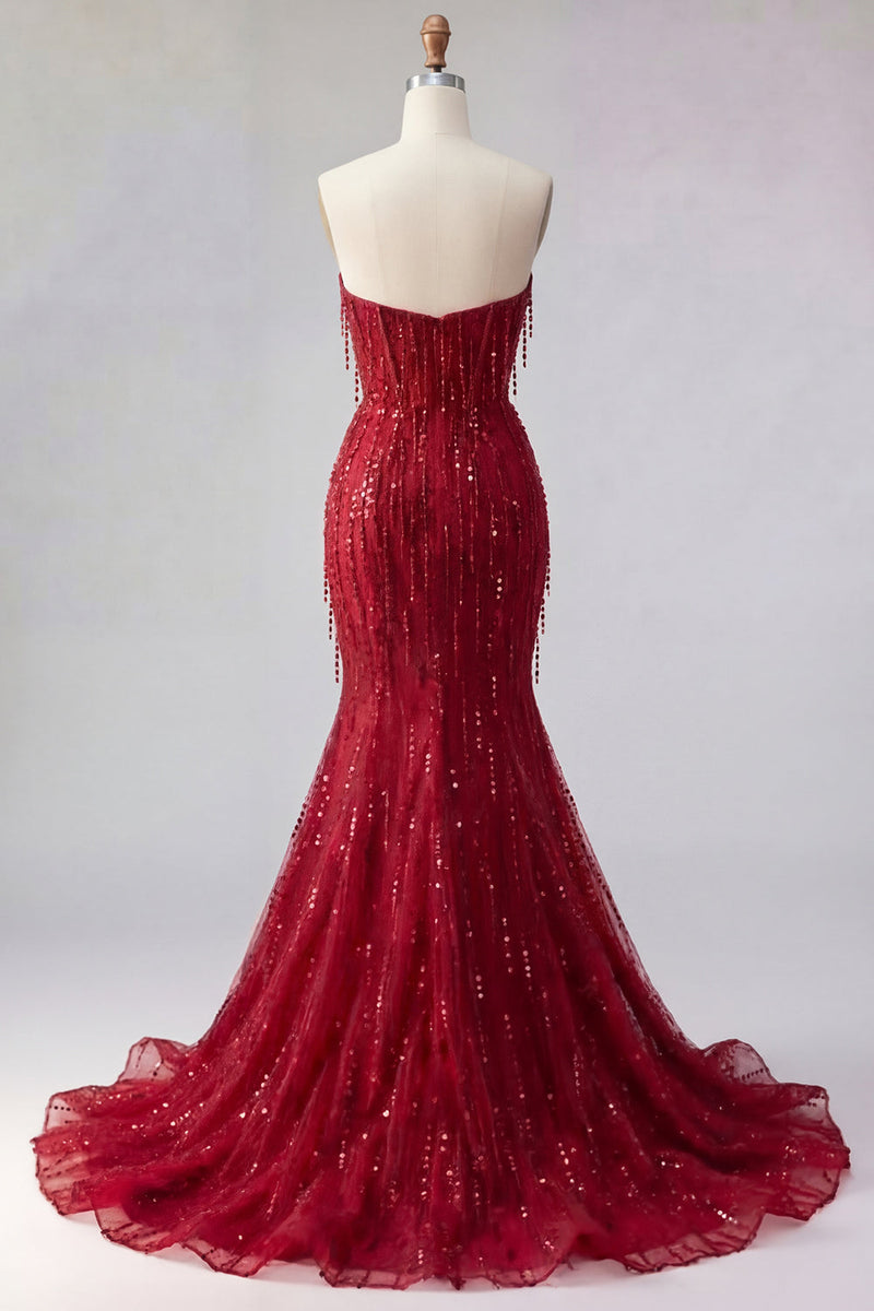Load image into Gallery viewer, Mermaid Burgundy Sparkly Long Beaded Prom Dress with Slit