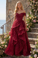 Load image into Gallery viewer, A Line Sparkly Burgundy Sequin Off the Shoulder Long Prom Dress with Ruffles