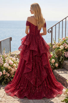 A Line Sparkly Burgundy Sequin Off the Shoulder Long Prom Dress with Ruffles