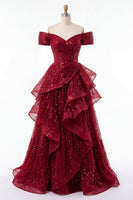 Load image into Gallery viewer, A Line Sparkly Burgundy Sequin Off the Shoulder Long Prom Dress with Ruffles