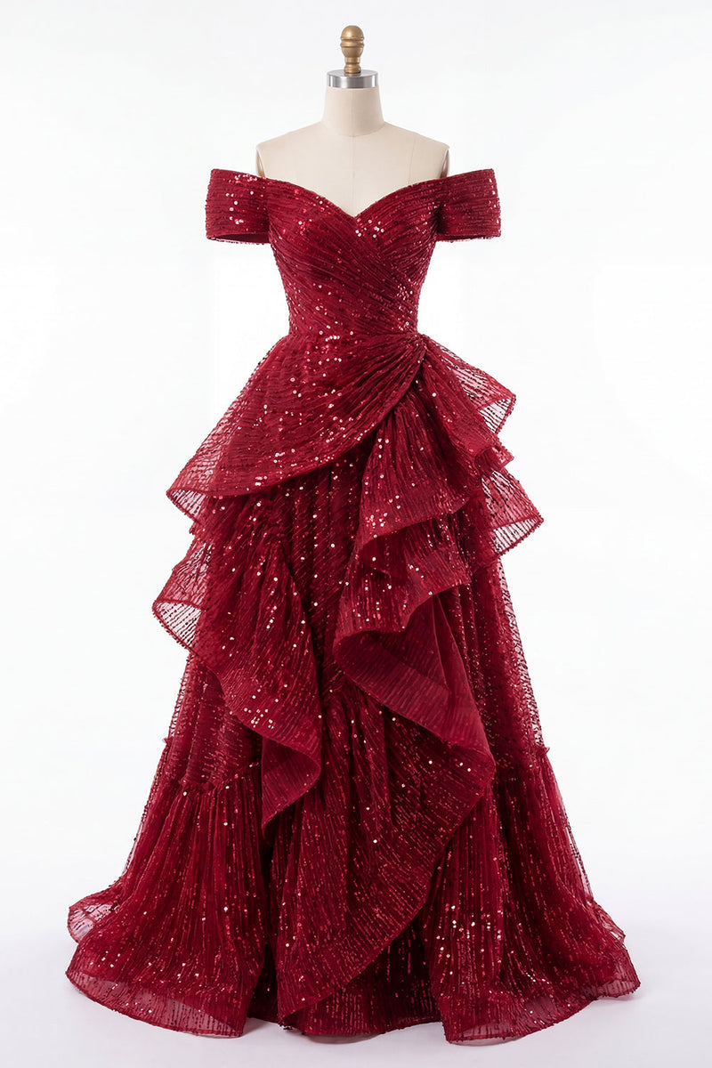 Load image into Gallery viewer, A Line Sparkly Burgundy Sequin Off the Shoulder Long Prom Dress with Ruffles