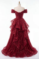 Load image into Gallery viewer, A Line Sparkly Burgundy Sequin Off the Shoulder Long Prom Dress with Ruffles
