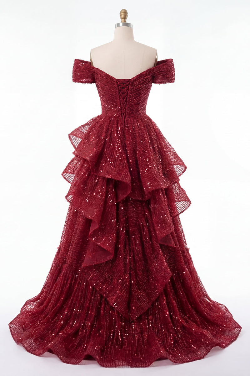 Load image into Gallery viewer, A Line Sparkly Burgundy Sequin Off the Shoulder Long Prom Dress with Ruffles