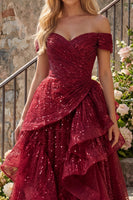 Load image into Gallery viewer, A Line Sparkly Burgundy Sequin Off the Shoulder Long Prom Dress with Ruffles