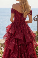 Load image into Gallery viewer, A Line Sparkly Burgundy Sequin Off the Shoulder Long Prom Dress with Ruffles