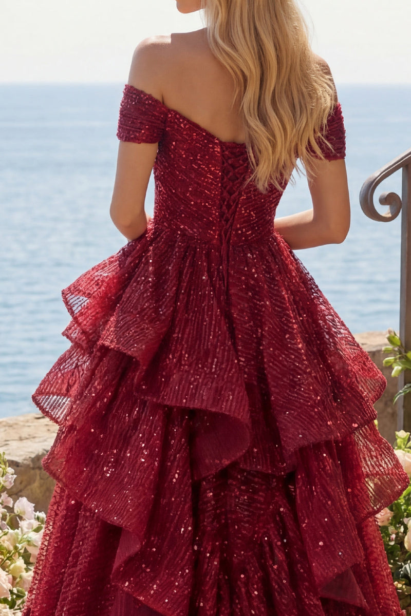 Load image into Gallery viewer, A Line Sparkly Burgundy Sequin Off the Shoulder Long Prom Dress with Ruffles