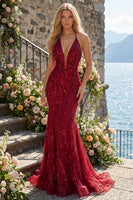 Load image into Gallery viewer, Sparkly Halter Backless Mermaid Burgundy Long Beaded Prom Dress with Fringes