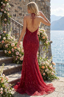 Load image into Gallery viewer, Sparkly Halter Backless Mermaid Burgundy Long Beaded Prom Dress with Fringes