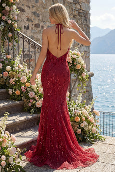 Sparkly Halter Backless Mermaid Burgundy Long Beaded Prom Dress with Fringes