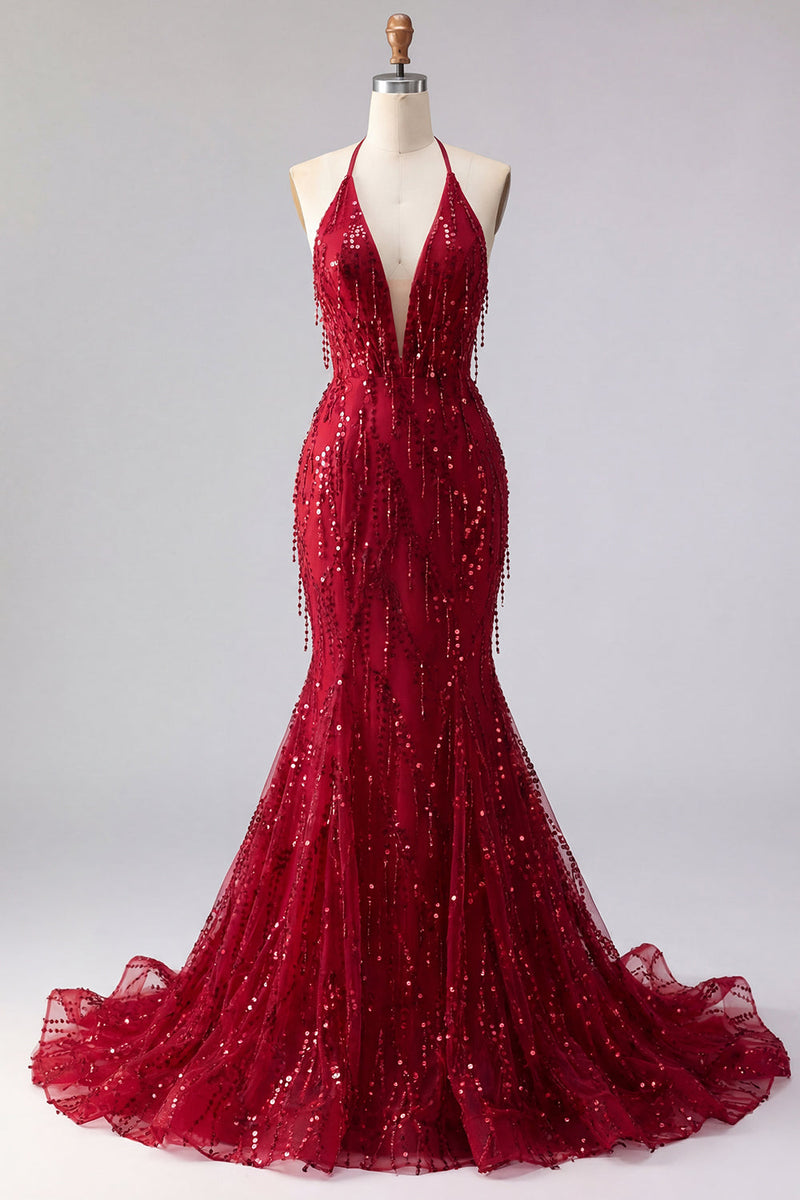 Load image into Gallery viewer, Sparkly Halter Backless Mermaid Burgundy Long Beaded Prom Dress with Fringes