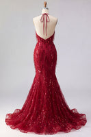 Load image into Gallery viewer, Sparkly Halter Backless Mermaid Burgundy Long Beaded Prom Dress with Fringes