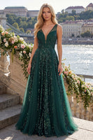 Load image into Gallery viewer, V-Neck Ruched A Line Sparkly Sequin Dark Green Long Prom Dress