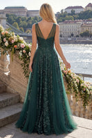 Load image into Gallery viewer, V-Neck Ruched A Line Sparkly Sequin Dark Green Long Prom Dress