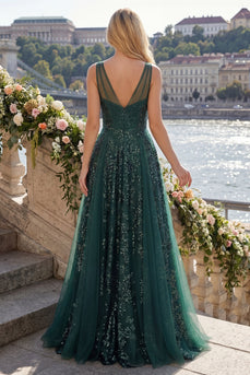 V-Neck Ruched A Line Sparkly Sequin Dark Green Long Prom Dress