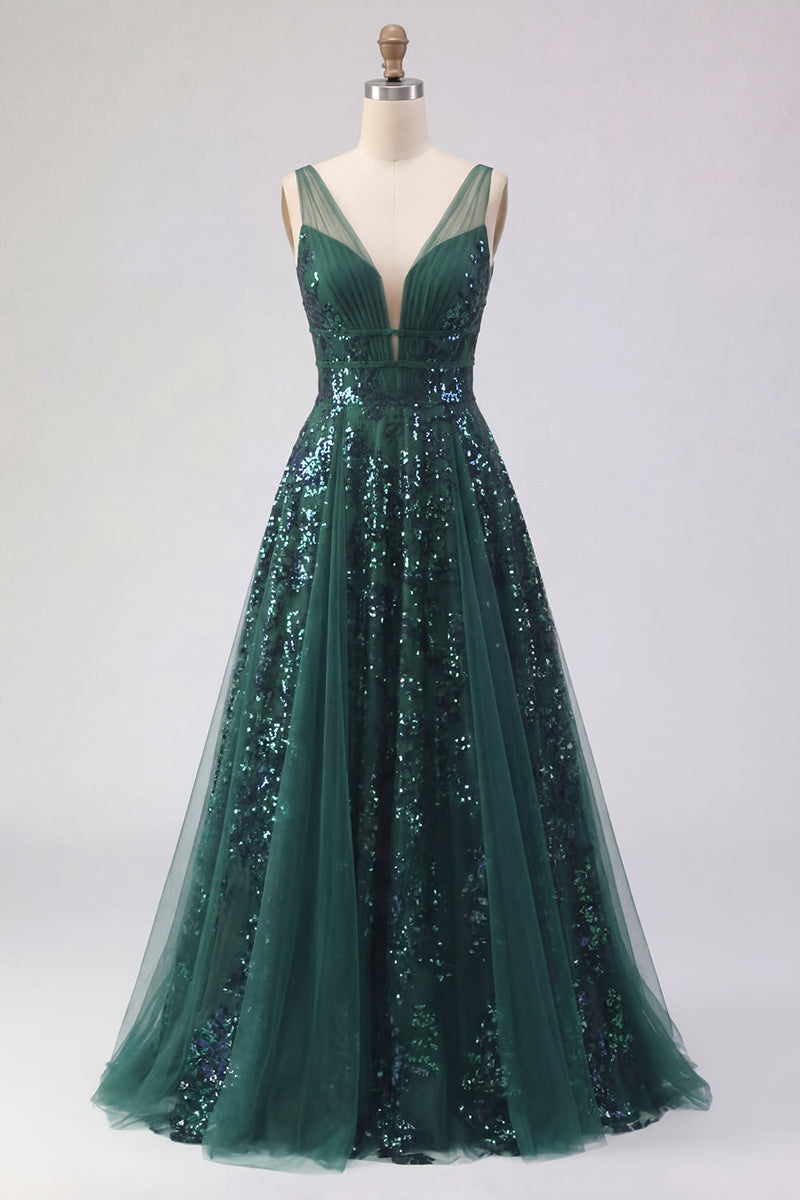 Load image into Gallery viewer, V-Neck Ruched A Line Sparkly Sequin Dark Green Long Prom Dress