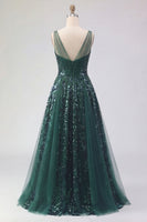 Load image into Gallery viewer, V-Neck Ruched A Line Sparkly Sequin Dark Green Long Prom Dress