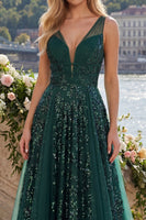 Load image into Gallery viewer, V-Neck Ruched A Line Sparkly Sequin Dark Green Long Prom Dress