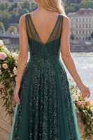 Load image into Gallery viewer, V-Neck Ruched A Line Sparkly Sequin Dark Green Long Prom Dress