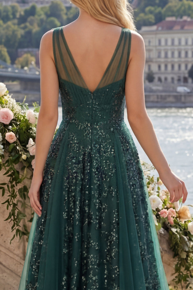 Load image into Gallery viewer, V-Neck Ruched A Line Sparkly Sequin Dark Green Long Prom Dress