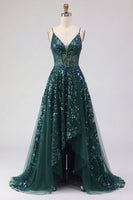 Load image into Gallery viewer, Corset A Line Sparkly Dark Green Sequin High Low Prom Dress with Ruffles