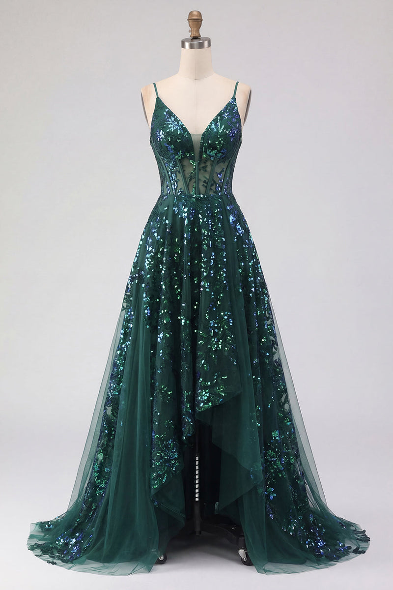 Load image into Gallery viewer, Corset A Line Sparkly Dark Green Sequin High Low Prom Dress with Ruffles