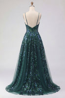 Load image into Gallery viewer, Corset A Line Sparkly Dark Green Sequin High Low Prom Dress with Ruffles