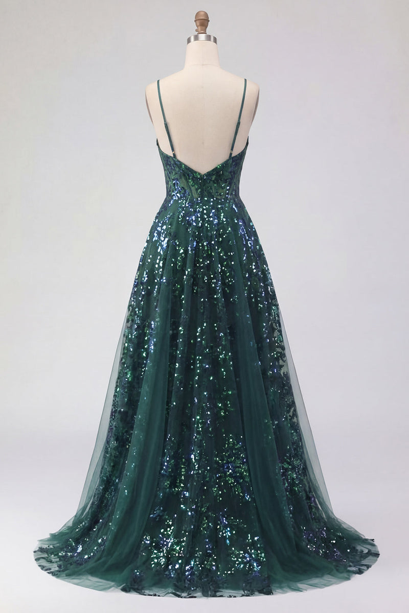 Load image into Gallery viewer, Corset A Line Sparkly Dark Green Sequin High Low Prom Dress with Ruffles
