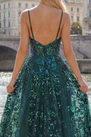 Load image into Gallery viewer, Corset A Line Sparkly Dark Green Sequin High Low Prom Dress with Ruffles