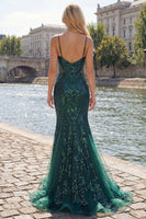 Load image into Gallery viewer, Sparkly Mermaid Spaghetti Straps Dark Green Long Beaded Prom Dress